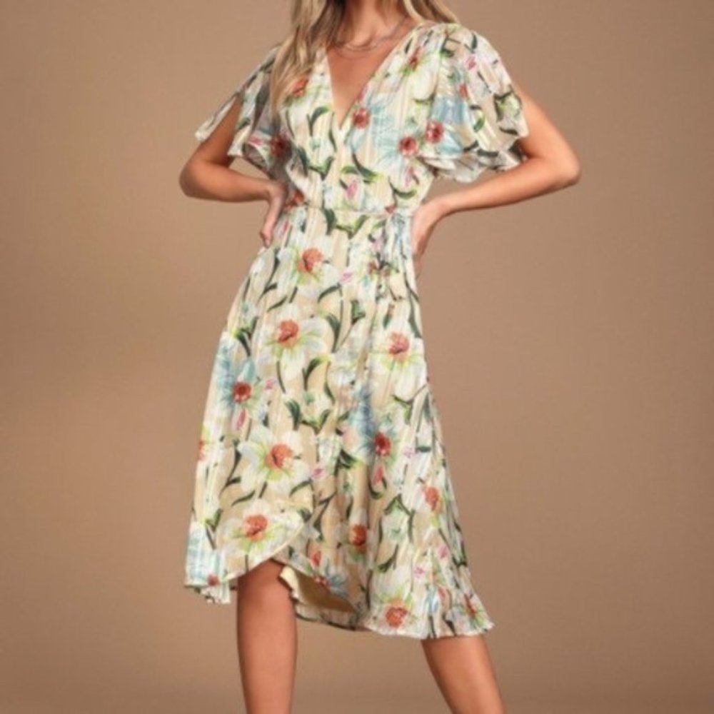 Lulu's Flutter Floral Print Wrap Summer Midi Dress